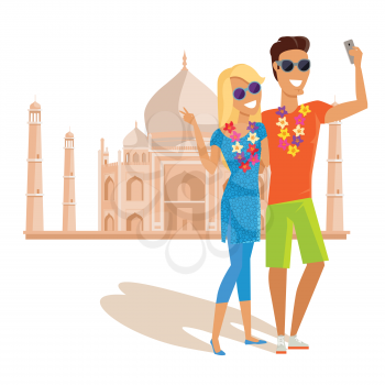 Summer vacation in India concept. Honeymoon in exotic countries vector illustration. Selfies on the background of famous historical monuments. Couple taking pictume near Tadj Mahal.