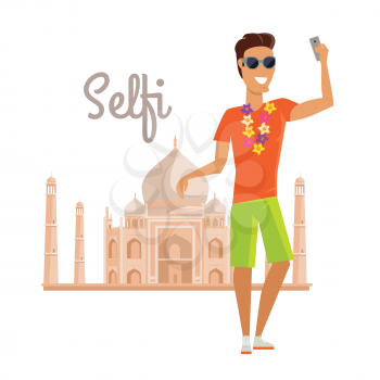 Summer vacation in India concept. Journey in exotic countries vector illustration. Selfie on the background of famous historical monuments. Young man taking pictume near Tadj Mahal. Flat Style Design.