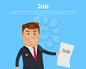 Job search concept banner. Job offer. Open vacancy vector illustration in flat style design. Boss in business suit holding a sheet with the words job on blue background. Recruiter professional