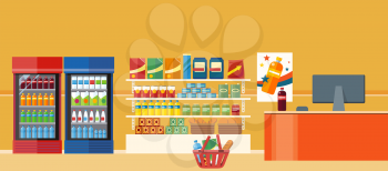 Supermarkets and grocery stores. Retail shop for buy product on shelf, purchase and department food, sale and cart with variety food, interior hypermarket section marketplace, vector illustration