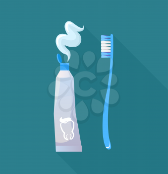 Teeth cleaning concept design banner flat. Template poster on brushing. Toothpaste and brush. Dental cleaning hygiene and health care or oral healthy stomatology. Vector illustration