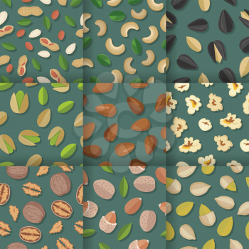 Seamless vector patterns with nuts and seeds. Flat design. Traditional snacks. Ornament for wallpapers, polygraphy, textiles, web page design, surface textures. Isolated on colored background.