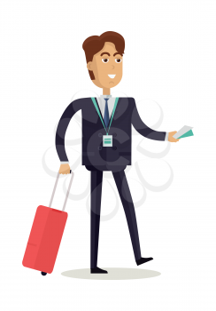 Businessman character vector. Cartoon in flat style design. Smiling man in suite with baggage and tickets. Illustration for business trip concepts, icons, infographics. Isolated on white background.