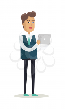 Male character vector. Cartoon in flat style design. Young smiling man standing with tablet in hands. Student, office worker, assistant illustration for educational and business concept, infographics.