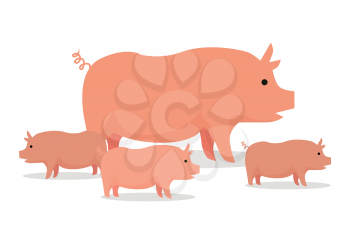 Pig with piglets llustration. Vector in flat style design. Domestic animal. Country inhabitants concept. Picture for farming, animal husbandry, meat production companies. Isolated on white background.