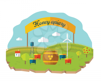 Honey apiary conceptual vector. In flat style design. Beehives and barrel of honey on farmyard with fields and garden on background. Traditional organic apiary illustration. Isolated on white.  