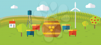 Honey apiary conceptual vector. In flat style design. Beehives and barrel of honey on farmyard with fields and garden on background. Traditional organic apiary illustration. Isolated on white.  