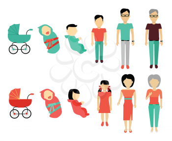 Human growing up concept. Flat Design. People male and female characters templates without face in different ages from baby to older. Stages of life illustration for aging concepts and infographics.