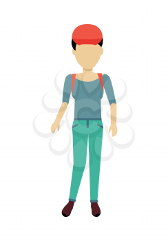 Female character without face in jeans and cap vector. Flat design. Woman template personage illustration for summer vacation concept, fashion app, logos, infographic. Isolated on white background.