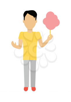 Male character without face with cotton candy vector in flat design. Man template personage illustration for summer concepts, mobile app pictogram, logos, infographic. Isolated on white background.