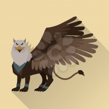 Mythical monsters griffin. Legendary creature with the body, tail, and back legs of a lion, head and wings of an eagle. Game object in flat design isolated. Vector illustration.