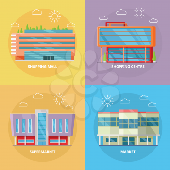 Supermarket icons set. Flat design. Modern commercial building icons collection for web design, app pictogram, banners. Shop, shopping center, mall, business center on color background.