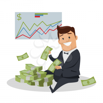 Business success illustration. Flat style design vector. Smiling man in business suit sitting near pile of dollar banknotes. Investment, wages, income, credit, savings, wealth concept.