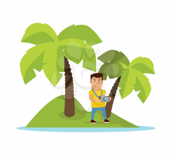 Traveling to exotic tropical counties concept. Flat design. Summer vacation vector illustration. Man with photo camera on tiny island with palm trees. Traveler in cruise trip. On white background.