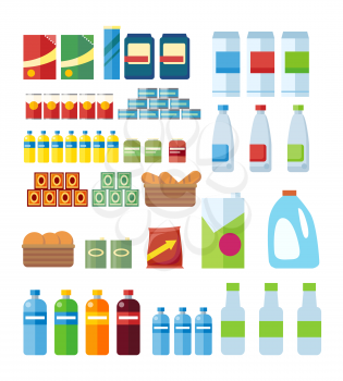 Big set of store products in plastic and aluminum cans. Canned goods and supplies, drinks and dairy products. Retail store icon set. Isolated object on white background. Vector illustration