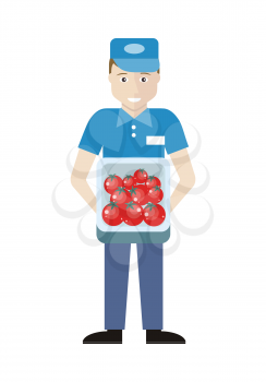 Profession series. Young man sales assistant, merchandiser with tomatoes in track. Seller holds box in his hands. Shop assistant isolated on white. Salesman on his working place. Vector illustration