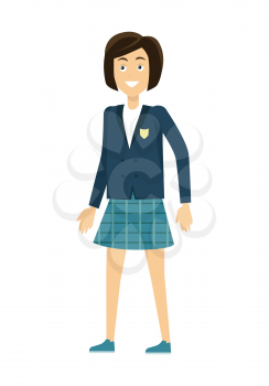 Schoolgirl in blue jacket and skirt. Smiling girl in school uniform. Stand in front. Schoolgirl isolated character. School personage. Vector illustration on white background