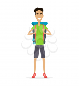 Hiking with backpack illustration. Summer vacation in road concept illustration. Smiling young man in shorts, with backpack full of supplies, ready for trip. Isolated on white background.