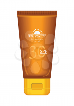 Sun cosmetics professional series. Suntan cream 30 SPF. Sunscreen care sun protection. Cosmetics container orange cream icon in flat style. Part of series of decorative cosmetics items. Vector