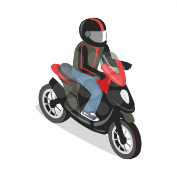 Scooter rider illustration in isometric projection. Picture for city transport, rtaveling concepts, web, applications icons, infographics, logotype design. Isolated on white background.  