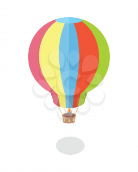 Air balloon icon. Striped multicolored aerostat with shadow. Colorful air balloon in flat. Fly transport sign. Isolated vector illustration on white background.