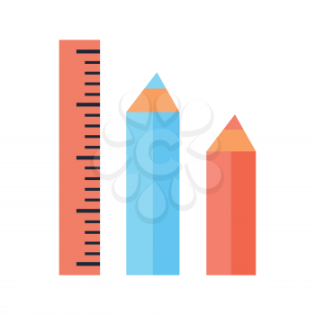 Ruler and two pencils icons isolated on white. Stationery blue and red pencils. Editable items in flat style for your web design. Part of series of accessories for work in office. Vector illustration
