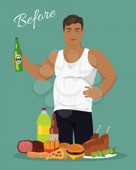 Man before weight loss. Fat young man near the junk food. Person with big belly prefers tasty, but unhealthy food. Part of series of promotion healthy diet and good fit. Vector illustration