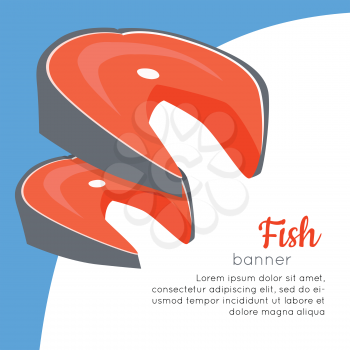 Fish banner. Healthy food concept. Organic natural food. Consumption of high quality nourishment food. Part of series of promotion healthy diet and good fit. Vector illustration