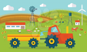 Eco farm conceptual vector. Flat design. Landscape view of traditional ecological farm. Country idyll. Farmyard with domestic animals, houses, machines, windmill, river, fields and garden. On white. 