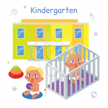 Kindergarten illustration in flat. Two children with nipple play on the floor on the background of kindergarten. Baby in playpen. Baby with nipple. Baby with milk bottle. Baby in flat. Illustration