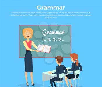 Kids grammar teaching concept banner. Vector illustration in flat design. Couple of kids, boy ang girl, studying grammar, sitting at their desks with the teacher in the classroom. School ABC lesons.