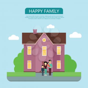 Happy family in the yard of their house. Home icon symbol sign. Colorful residential cottage in violet colors. Part of series of modern buildings in flat design style. Real estate concept. Vector
