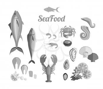 Seafood set design flat fish and crab. Lobster and food oyster, fresh seafood, shrimp and menu octopus animal, shellfish lemon, fresh seafood vector illustration