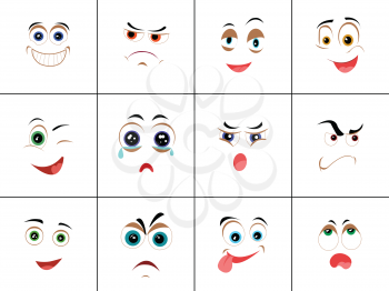Set of smileys with expression of emotions. Funny emoticons expressing anger, happiness, sadness, joy, surprise, wonder, amazement. Different mood states collection isolated on white. Vector