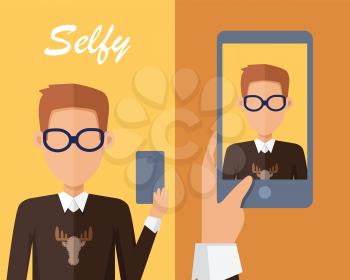 Selfy on smartphone. Young man taking own self portrait with mobile phone. Modern life with selfie photo camera. Selfie smile vector concept. Man with glasses and sweater shows his photo on displlay
