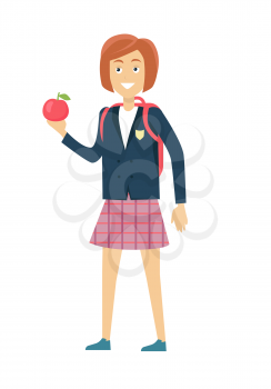 Schoolgirl in blue jacket and a purple skirt. Smiling girl in school uniform with apple and backpack. Stand in front. Schoolgirl isolated character. School personage. Vector illustration.