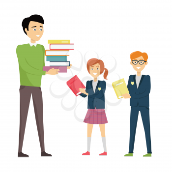 School teacher in green pullover and gray pants with stack of books. Smiling teacher with pupils in blue uniform. Learning process. Teacher isolated character. School personage. Vector illustration