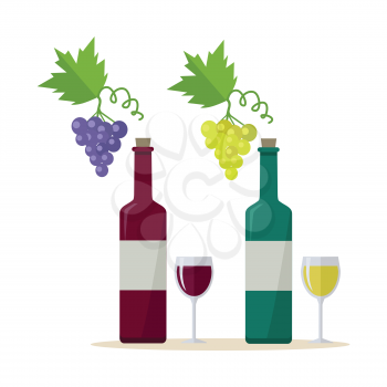 Bottles of white and red wine and wineglasses with bunches of wine grapes. Bottles with label and glasses of wine. Wineglasses full of wine. Wine icon. Vineyard grape icon. Grapes icon.