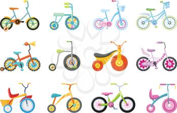 Set of kids bicycles and tricycles in flat. Bike icon. Tricycle icon. Bicycle icon. Children toy. Isolated object in flat design on white background. Vector illustration.