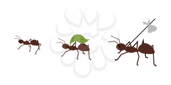 Brown ant carrying her baggage on tree branch. Ant carrying green leaf. Ant icon. Ant holding. Insect icon. Termite icon. Isolated object in flat design on white background. Vector illustration.