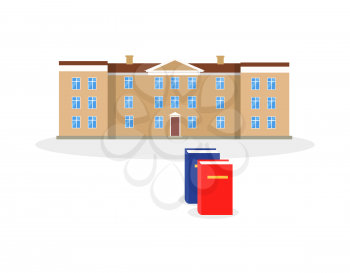 College building and book design flat. Architectural building for education. Flat facade of the university college school or academy of sciences isolated on white background. Vector illustration