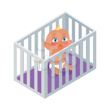 Baby sitting in the bassinet with dummy. New born child. Education of a child during the first year. Parenthood concept. Nursery, education at home. Part of series of lifelong learning. Vector