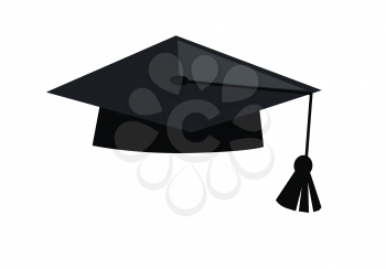 Black graduation cap. Mortar board. Education symbol. Graduation cap symbol. Graduation cap icon. Academic cap. Isolated object in flat design on white background. Vector illustration.
