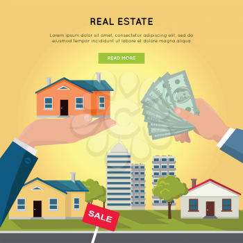 Real estate vector web banner. Flat design. Hands with house and money, buildings on background. Buying and selling a new place for living. Illustration for real estate company web page design. 