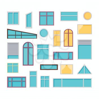Collection of windows vector illustrations in flat style. Different types and forms of house windows. Home exterior design element.  Isolated on white background.