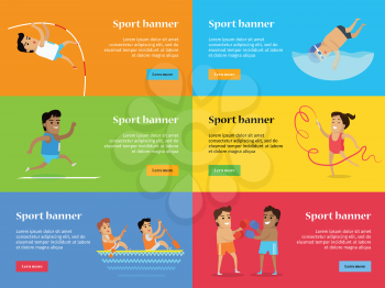 Sport banners set. Artistic gymnastics athletics rowing pole vault diving and boxing template. Active way of life concept. Competitions, achievements, best results. Happy cartoon characters. Vector