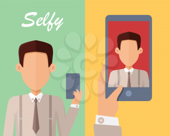 Selfy on smartphone. Young man taking own self portrait with mobile phone. Modern life with selfie photo camera. Selfie smile concept. Man shows his photo on displlay. Vector illustration