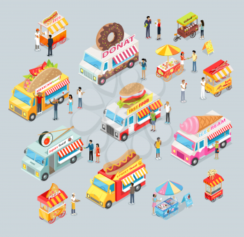 Street food trucks set. Mexican food, Japan food, Donut, Fast food, ice cream, pizza, coffee and tea, fresh lemonade, popcorn. Cars for sale food and drink. Shop on wheels. Car store. Truck with brand