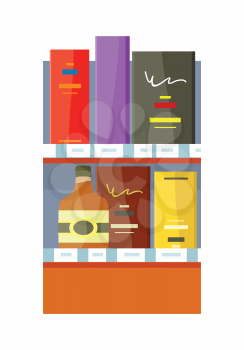 Alcohol in store concept vector in flat style. Shelf with bottles and boxes with drinks illustration for beverages concepts, grocery store advertising,  Isolated on white background.