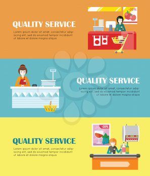 Set of quality service concept vector banners. Flat design. Smiling cashier woman seating under counter desk in grocery store. Fast and comfortable purchases illustrating for retail store advertising